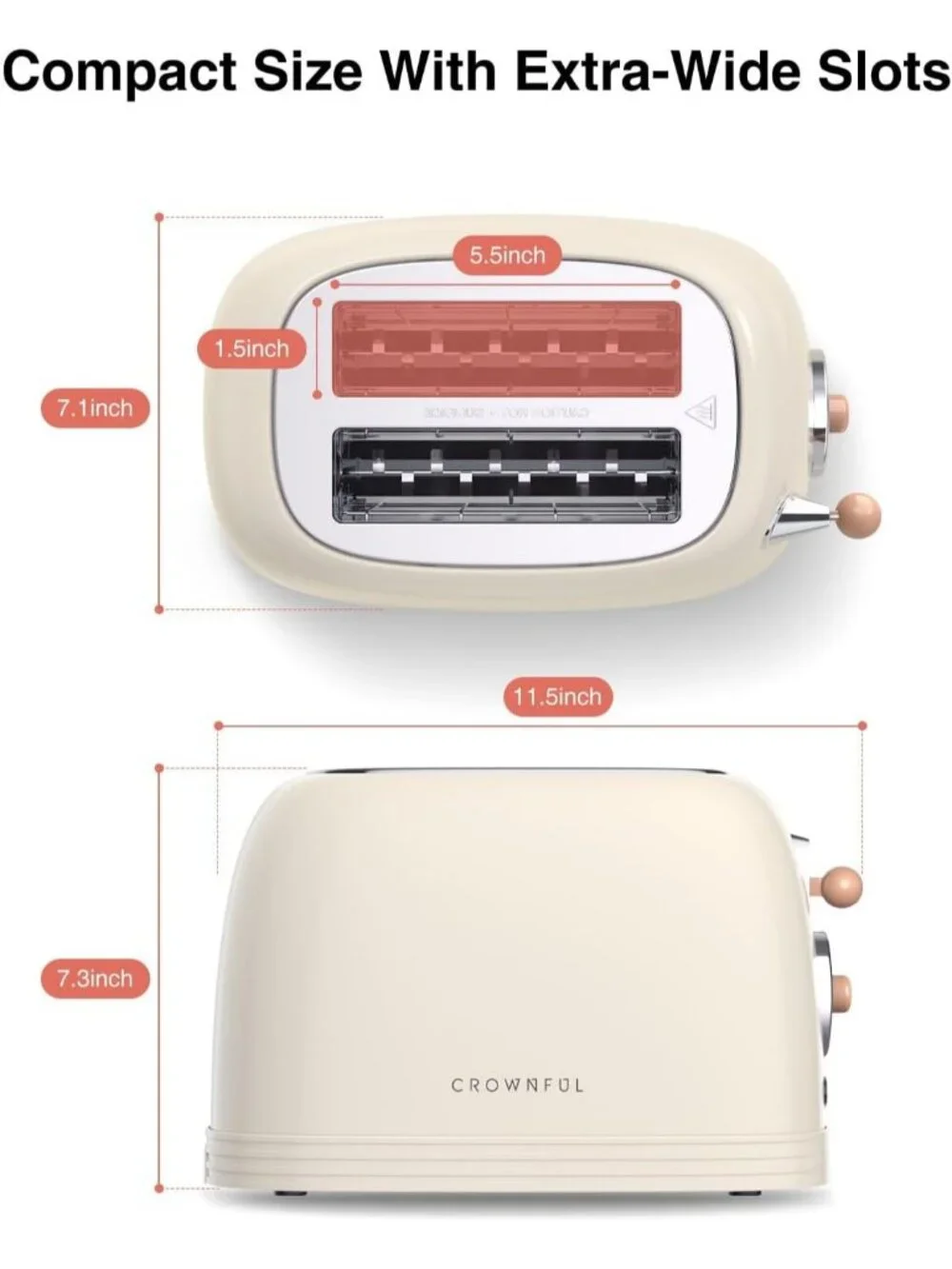 2-Slice Cream Retro Stainless Steel with Bagel Wide Slots Defrost Toaster